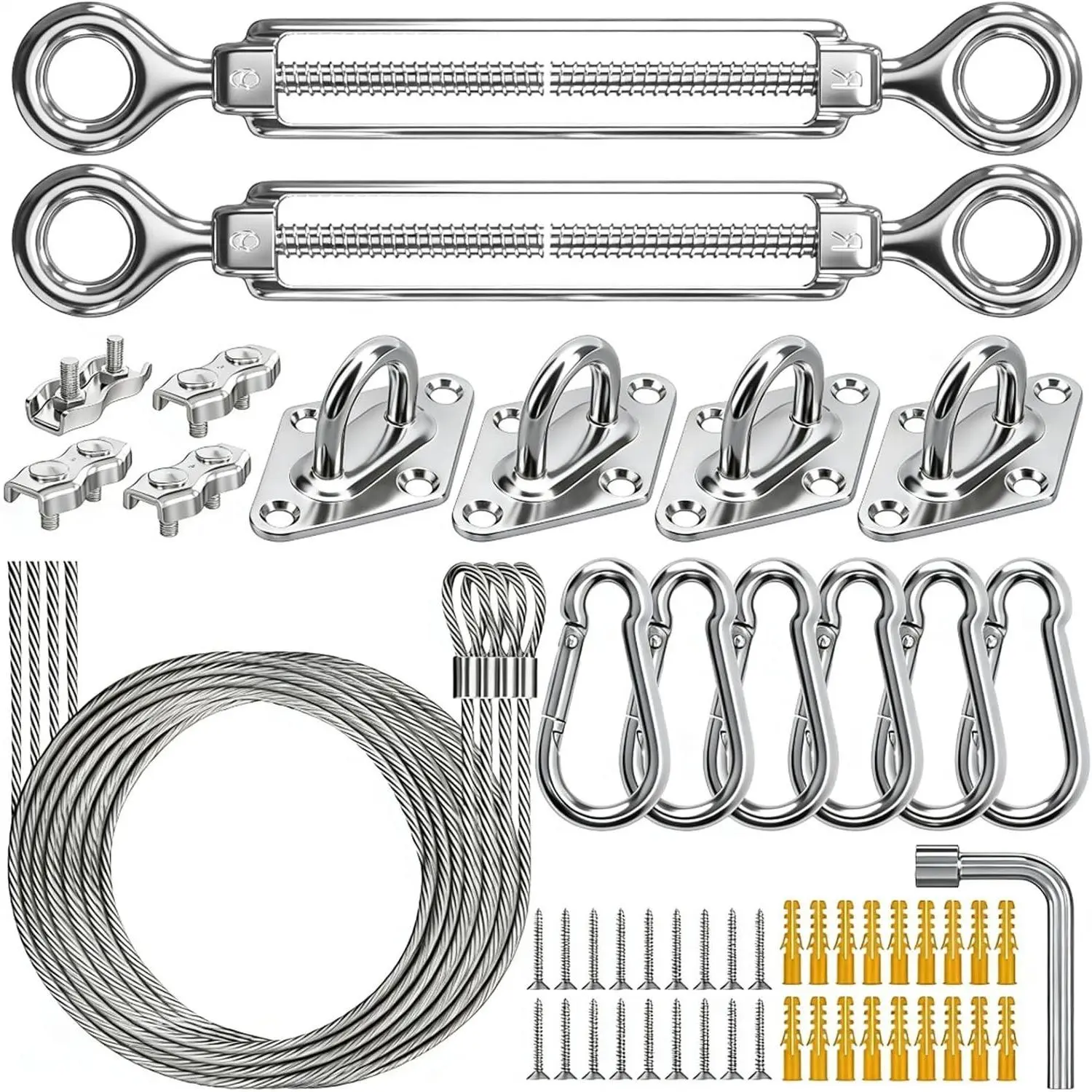 Shade Sail Hardware Kit with Wire Ropes and 304 Stainless Steel Heavy-Duty Rustproof Turnbuckles for Triangle, Rectangle & Square Sun Shade Sails – Ideal for Patios, Gardens, Lawns & Outdoor Use