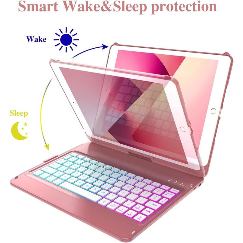 (R) Keyboard Case Compatible with iPad 10.2 inch 9th Gen 2021,for iPad 8th Generation 2020, 7 Color Backlit 360 Rotatable  Detachable  Keyboard Cover Tablet Case