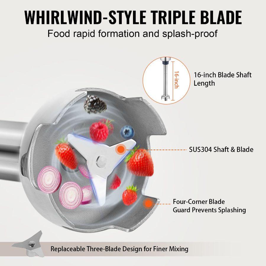 VEVOR Commercial Immersion Blender, 500W Heavy Duty Hand Mixer, 16 inch Stepless Variable Speed Mixer with Stainless Steel Blade, Multi-Purpose Portable Mixer for Soup, Sauces, Mashed Potatoes, Cream