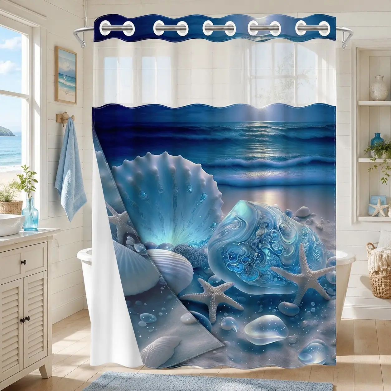 1 Pc Hookless Double Layer Shower Curtain, Printed Decorative Shower Curtain, Ocean Shell Print, Machine Washable Waterproof Mildew Resistant Fabric, Coastal Bathroom Decor, Removable Snap-in Liner, See-Through Window, 71"×74