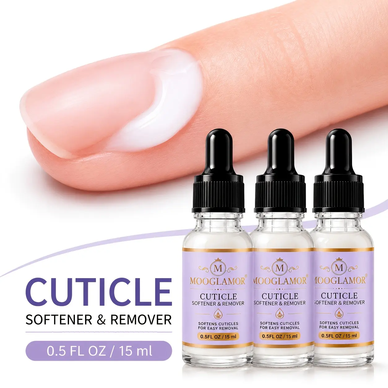MOOGLAMOR 3pcs Cuticle Softener Remover Cream Professional Fast Acting Dissolves Dry Rough Cuticles Nourishing Nail Care with Precision Dropper for DIY Manicure Pedicure