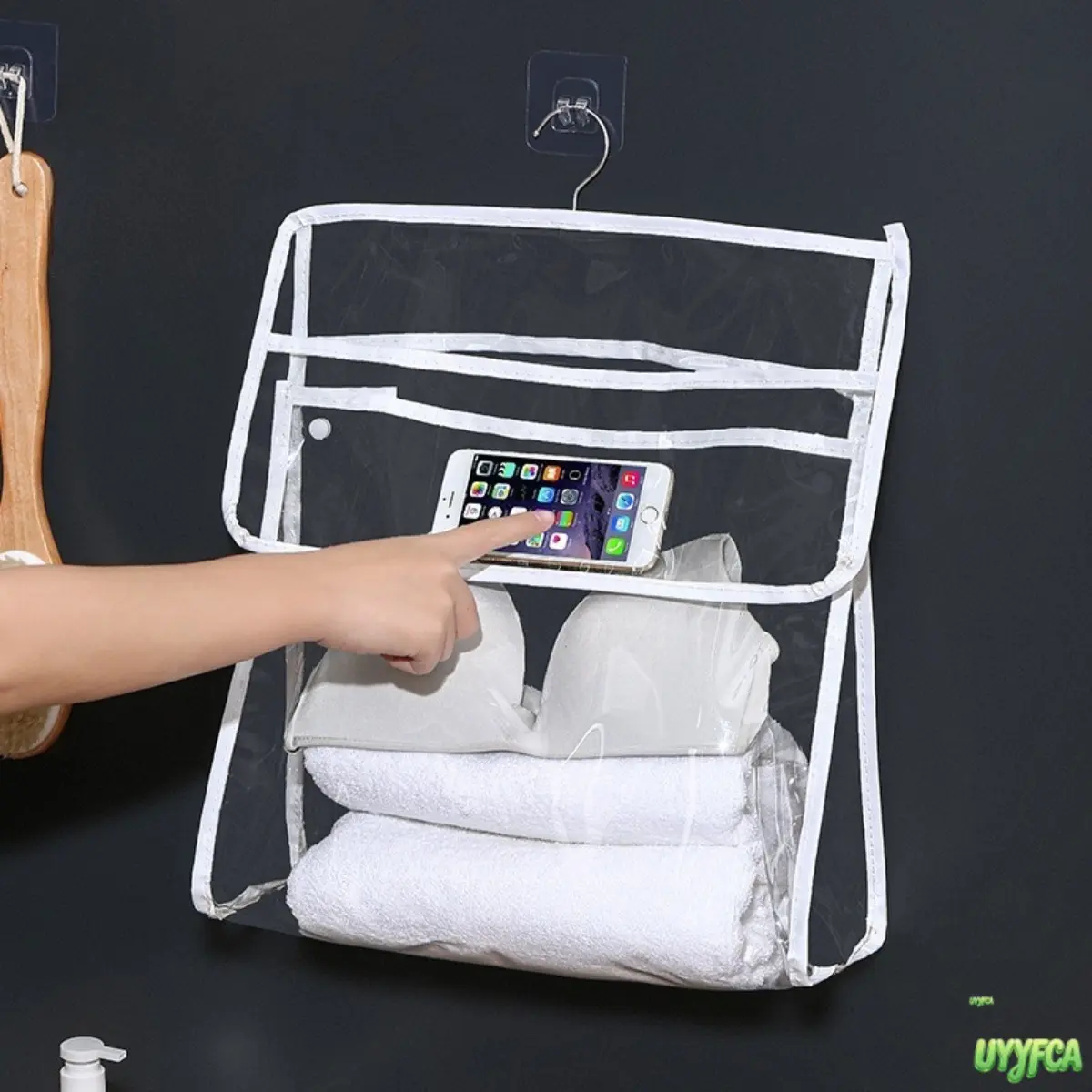 Transparent Waterproof Hanging Storage Organizer, Punch‑Free Wall Mount PVC Shower Pouch With Touch‑Screen Phone Pocket, Multi‑Purpose Hanging Bag For Bathroom Towels And Garment Storage
