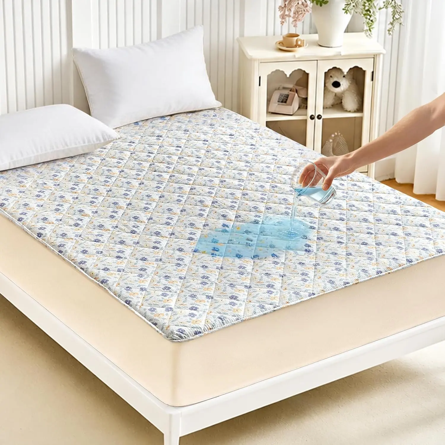 Floral Fitted Sheet Twin, Noiseless & Waterproof Fitted Sheet