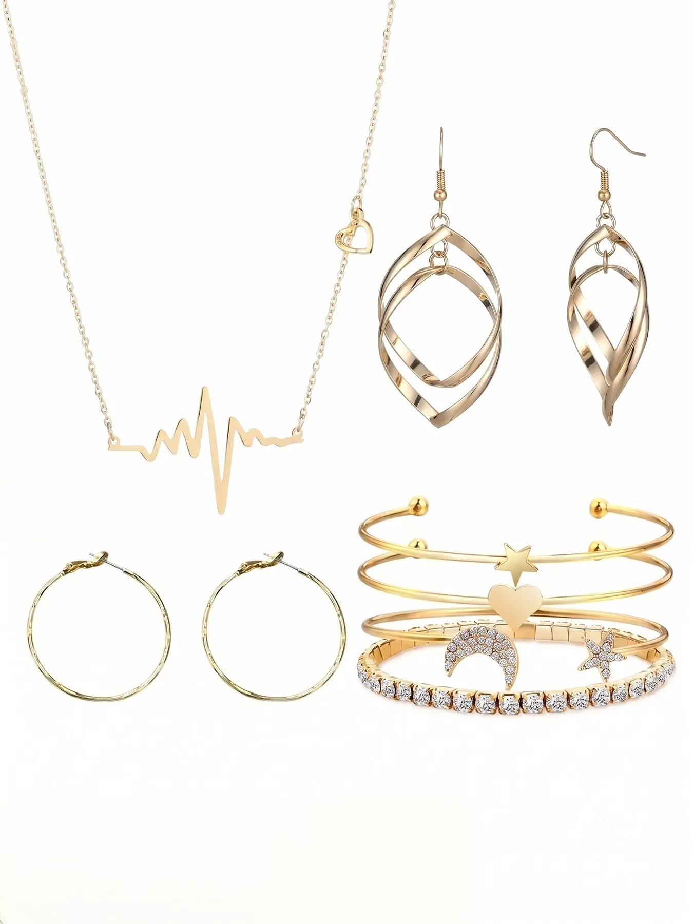 9Pcs Jewelry Set for Women, Dainty Heartbeat Pendant Necklace Textured Hoop Twist Earrings Stackable Open Cuff Rhinestone Tennis Bracelet, Clean Girl Y2K Minimalist Accessories