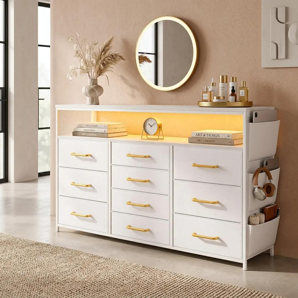 LED Storage Dresser Chest of Drawers with 10 Fabric Drawers, Lightweight Sturdy Frame, Space-Saving Closet Organizer, Easy Assembly for Bedroom, Apartments