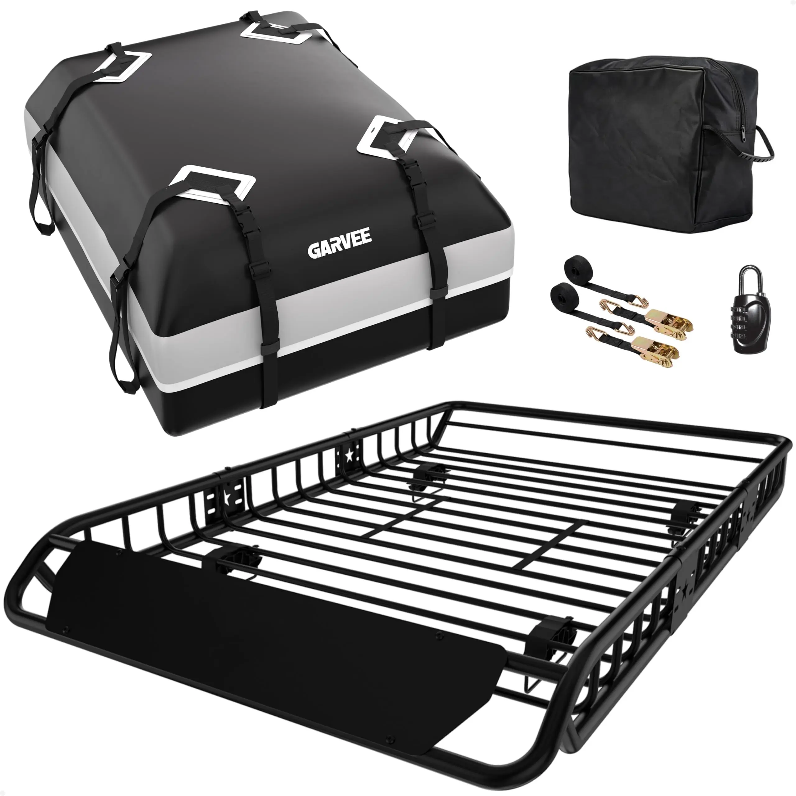 Compatible Roof Rack Basket Rooftop Cargo Carrier - 64 x 39 in, 200 lb Capacity - Includes 21 cu ft Waterproof Luggage Bag (51 x 10 x 18 in) - Black