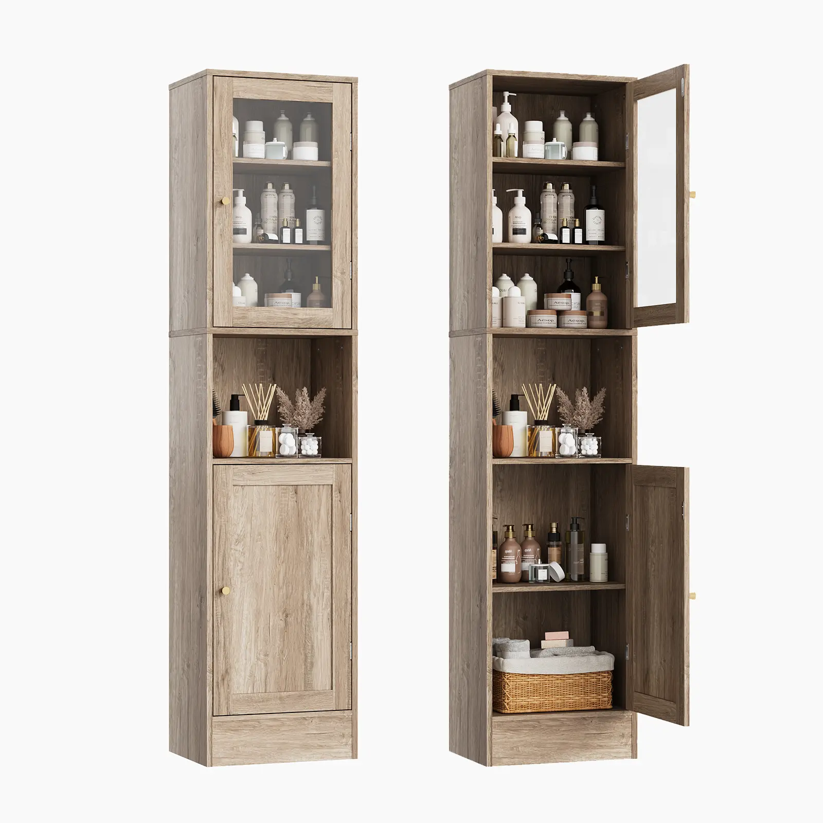67-Inch Tall Bathroom Storage Cabinet, Narrow Freestanding Linen Cabinet with Glass Doors & Anti-Tip Design for Bathroom, Kitchen, Living Room & Dining Room, Gray Wood Grain