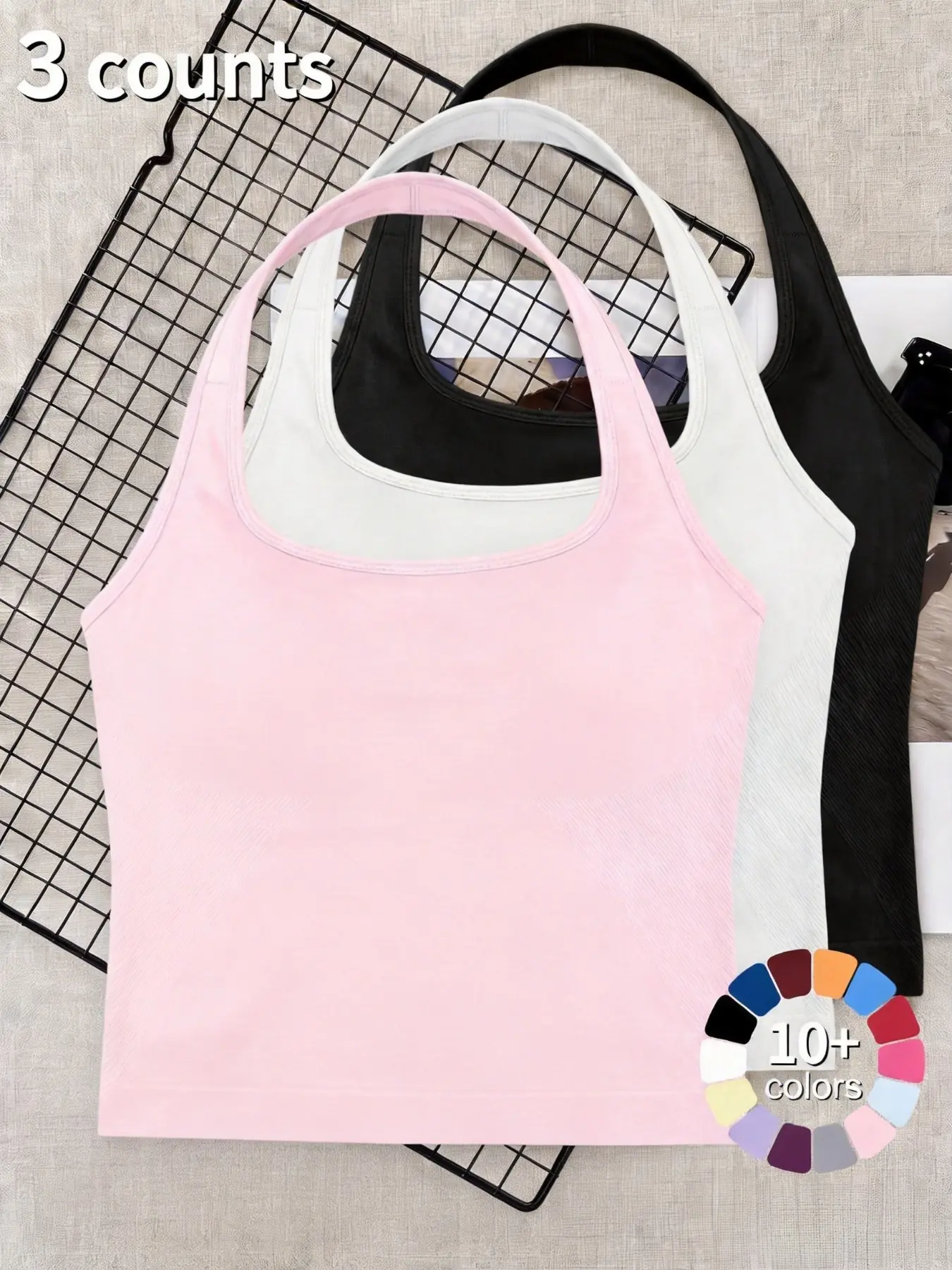 1/2/3/4Pcs Women's Yoga Halter Neck Tank Top with Removable Pads, Three-Layer Seamless Backless Tank Tops Casual Solid Color Soft All Seasons Wear