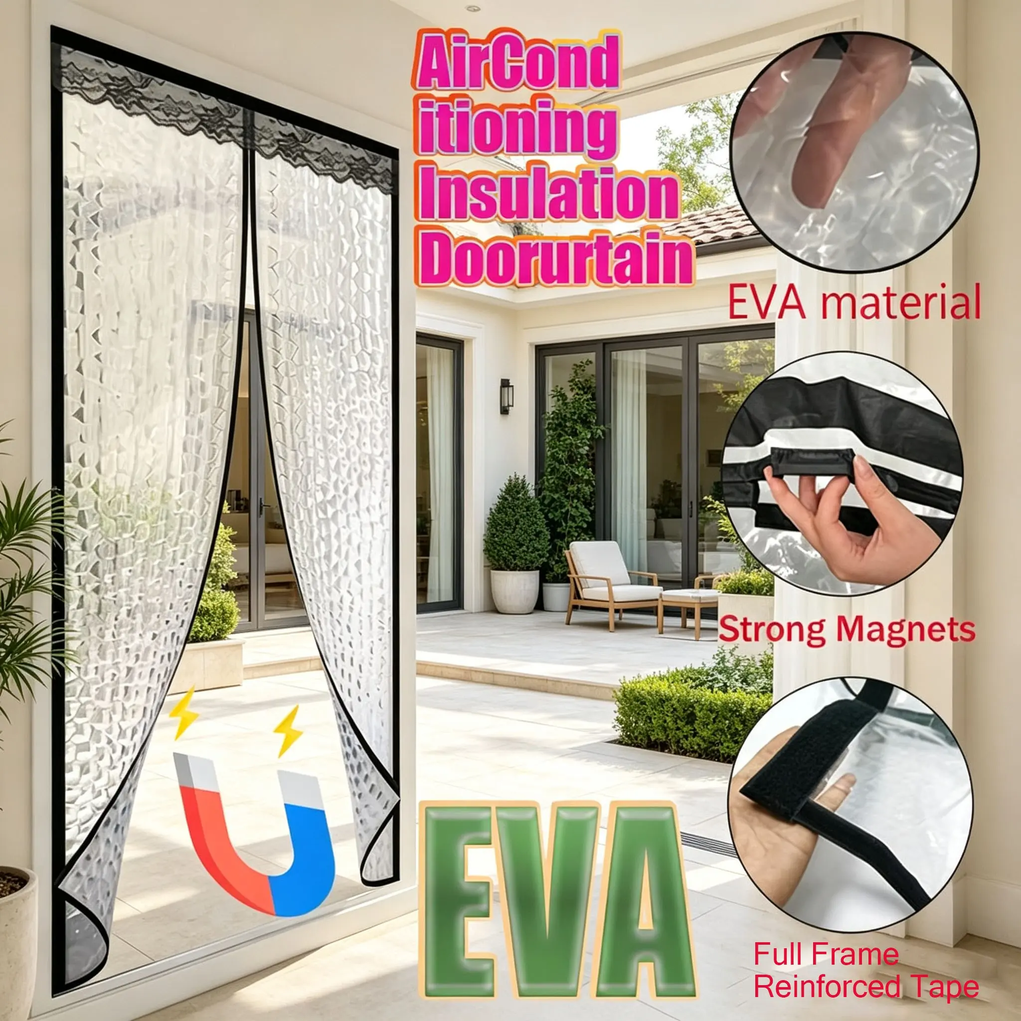Magnetic Eva Air Conditioner Insulation Door Curtain, Strong Magnets, Reinforced Tape, Windproof Thermal Seal, Auto Close, Anti Mosquito, Energy Saving, Home Use