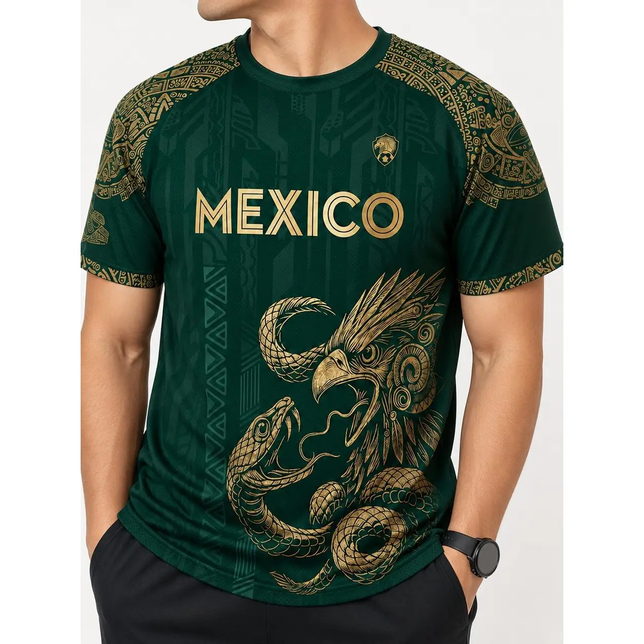 Mexico Eagle Serpent Graphic Athletic Shirt, Men Women Short Sleeve Crew Neck Sports Tee, Green Gold Mexican Heritage Soccer Fan Top, Game Day,Size S-5XL,clothes,outfits,men's wear,men fashion,summer men clothes,fashion men clothes