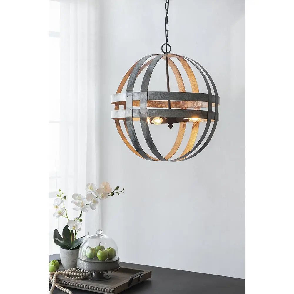 Nokaa 4-Light Galvanized Metal Round Globe Chandelier Hanging Fixture with Adjustable Chain for Kitchen, Dining Room, Farmhouse Rustic Ceiling Pendant Lighting (Bulb Not Included)