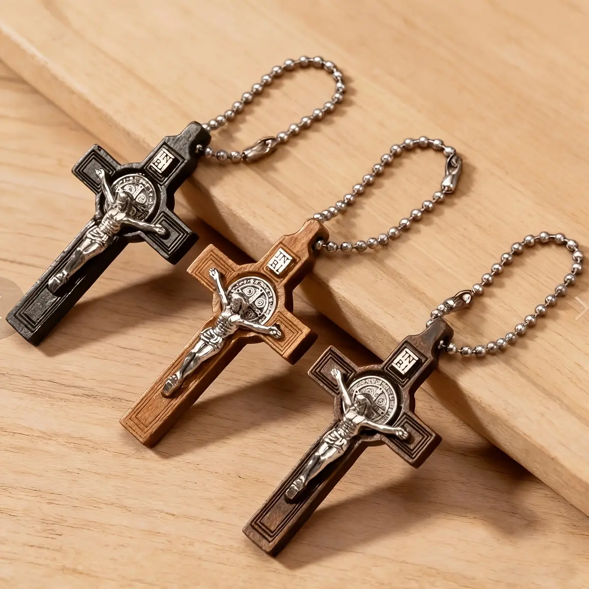 Unisex 3Pcs Natural Wooden Mini Cross Pendant Set - Rustic Look Bag Charm, Keychain Accessory, Religious Gift
