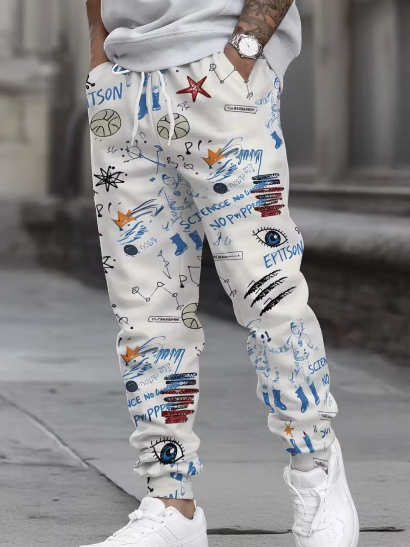 Men's Hand-Drawn Graffiti Astronaut 3D Full Print Sweatpants, Drawstring Waist, Loose-Fit, Casual Streetwear, All Seasons
