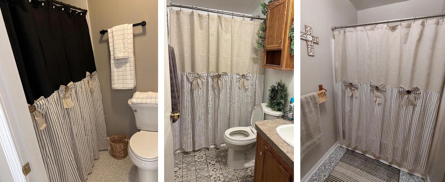 Farmhouse Grey Shower Curtain,Bowknot,Cotton Woven and Cotton Blend Fabric,Pleated Grey Stripe,Country Style,72x78 in