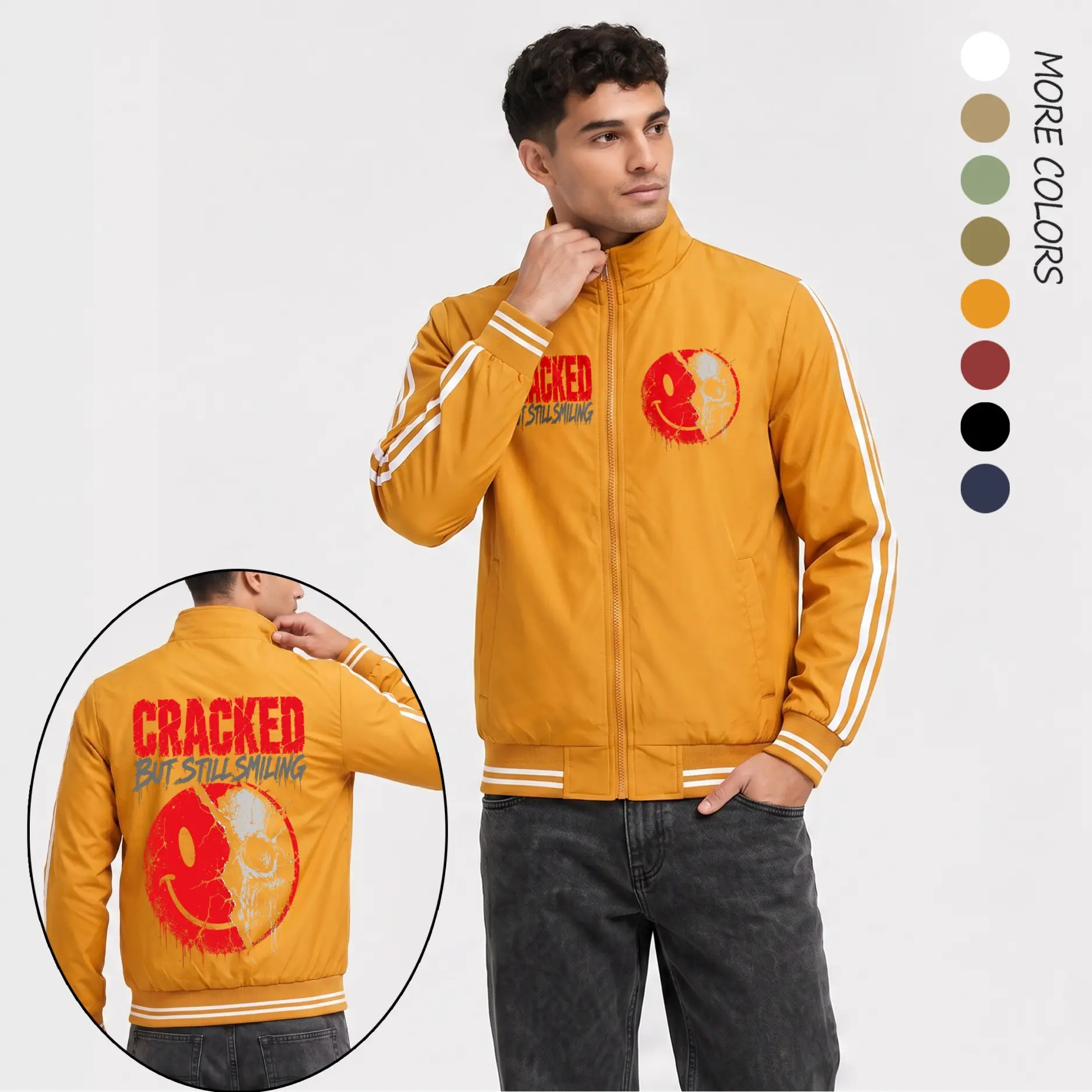 Men’s Cracked Smile Skull Graphic Print Lightweight Bomber Jacket – Dark Streetwear Flight Jacket with Split Face Horror Design, Full Zip Closure, Ribbed Hem & Stripe Sleeve Urban Casual Style