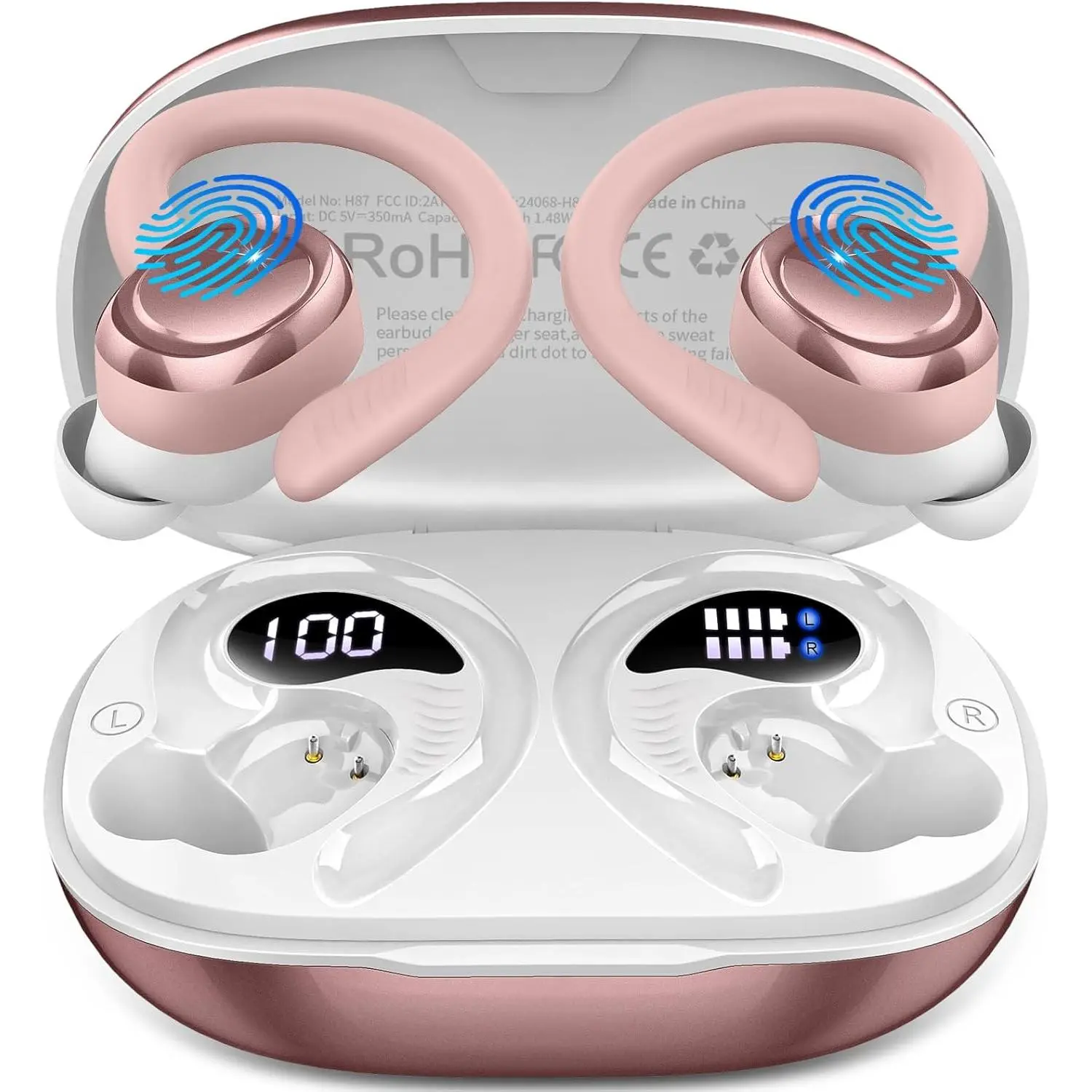 Pink Sports Wireless Earbuds with Earhooks, New Bluetooth 5.4 Headphones, 50H Stereo Sound, 4 ENC Mics, IP7 Rated Waterproof Earphones for Running, Workout