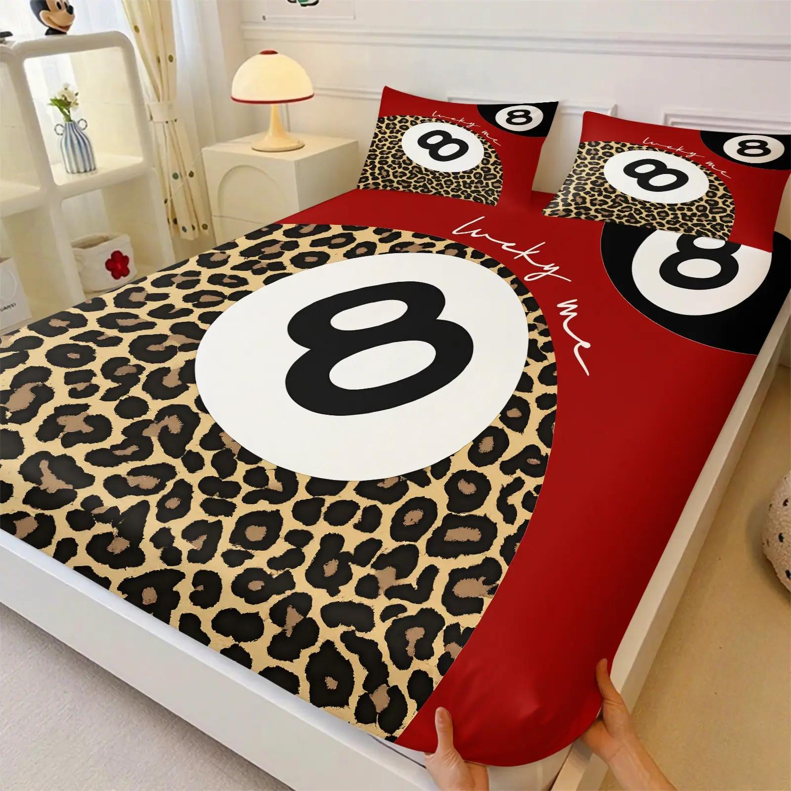 Y2K Lucky 8 Ball Fitted Sheet Set, Classic Leopard & Red Black Print Bed Sheet Set, Includes 1 Fitted Sheet & 2 Pillowcases, Trendy Vintage Style Bedroom Decor, for Dorm, Apartment & Cool Adult Spaces