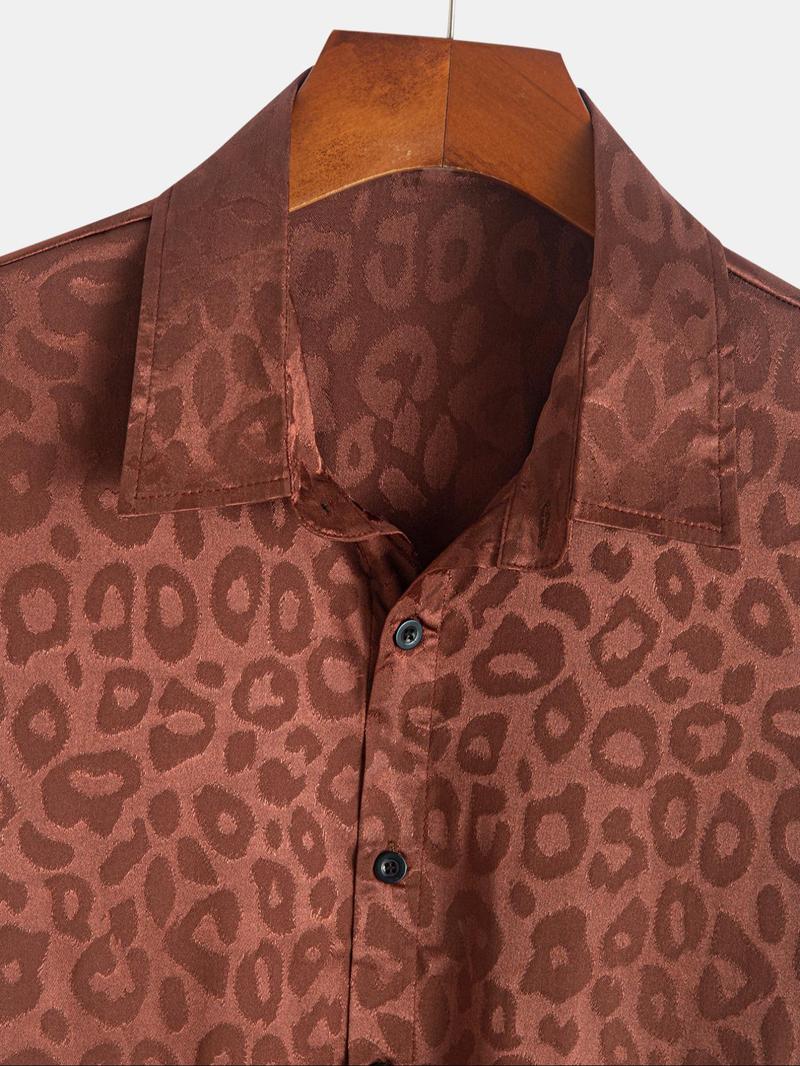 Men's Leopard Jacquard Satin Short Sleeve Shirt, Casual Party Shirt, Regular Fit Casual Soft Comfy Button Front Collared Top for Summer, Fashion Men's Clothes for Daily Wear
