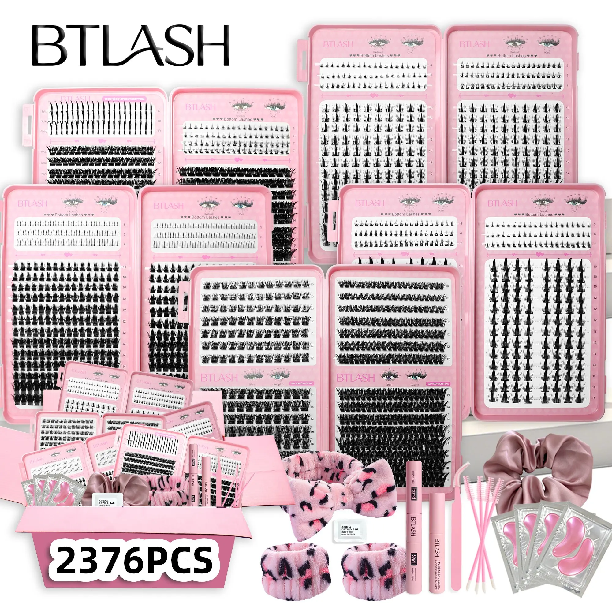 5 Styles 2376pcs Eyelash Bundles Set with Extensions, Includes 50D, 80D, 100D, 150D Spikes, 10-18mm Length, Clusters, DIY Kit