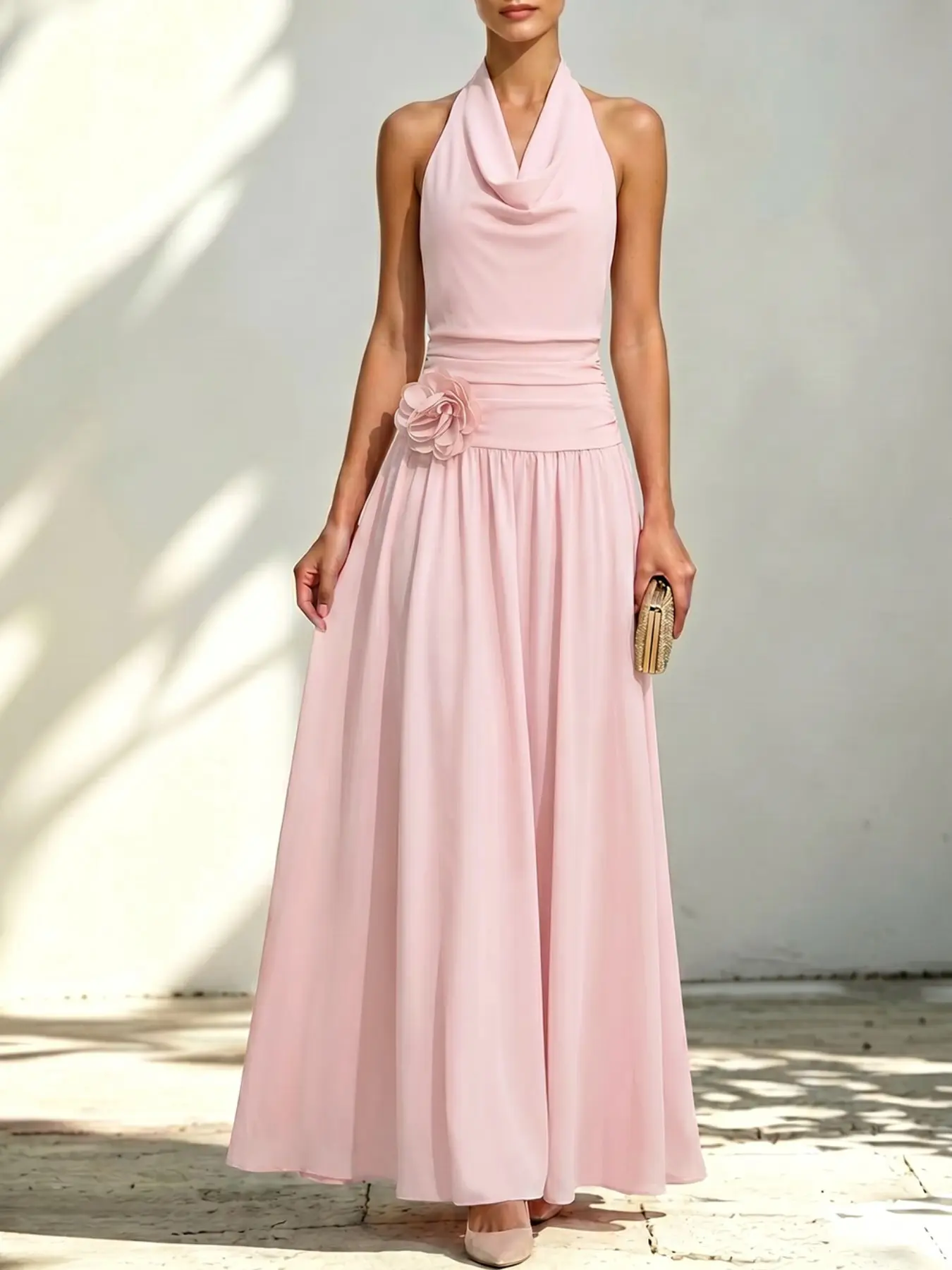 Nude Halter Cowl Neck Floral Dress, Elegant Flowy Long Gown for Women, Perfect for Weddings and Formal Events, Soft and Luxurious Style