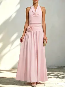 Nude Halter Cowl Neck Floral Dress, Elegant Long Gown for Women, Perfect for Weddings and Formal Events, Soft and Luxurious Style