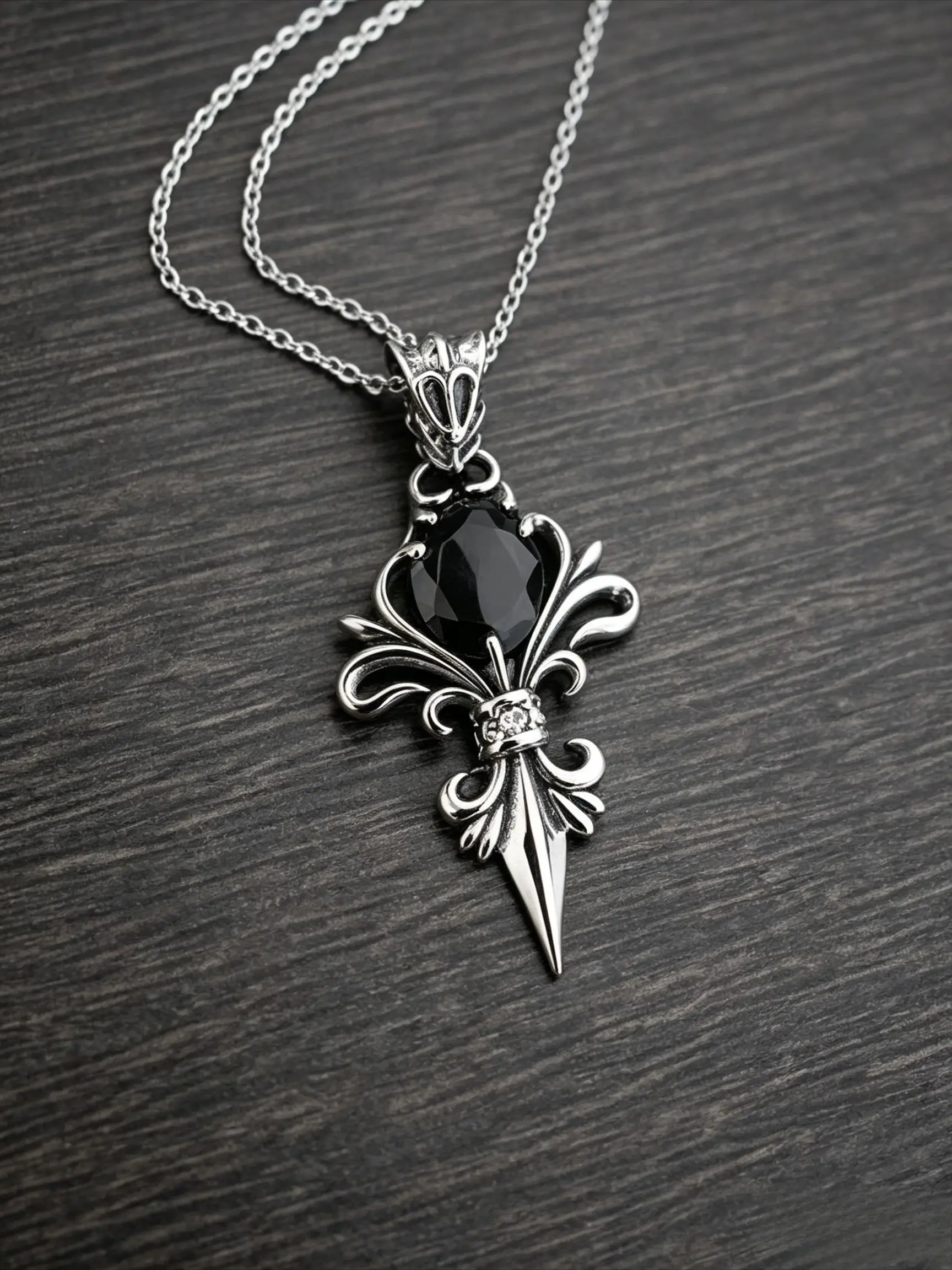 A Vintage-Style Black Onyx Sword Pendant: Unisex Gothic, Creative, Fashionable, Unique, Cool, Hip-Hop, and Street-Style Necklace