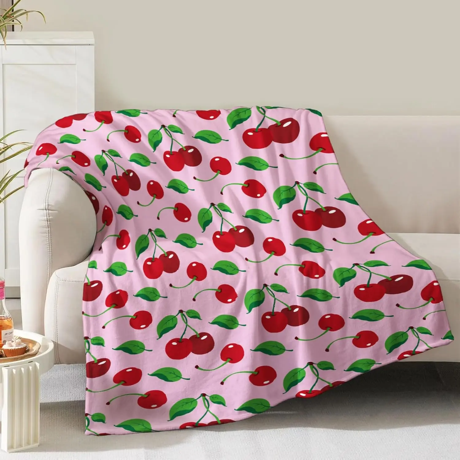 Pink Cherry Fruit Theme Soft Cozy Plush Fleece Throw Blanket, Rectangular Glam Home Decor for Women, Machine Washable Every Day Use on Bedroom Living Room Sofa Couch, Birthday Christmas Valentine Gift