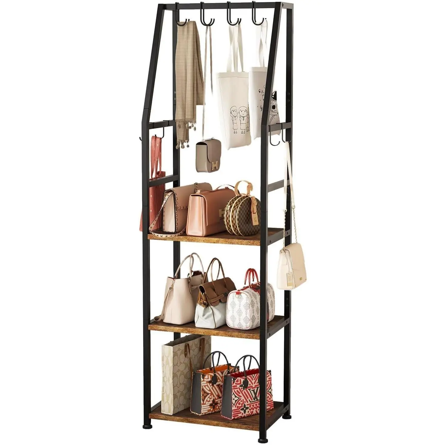 3-Tier Purse Stand Handbag Organizer, Hall Tree for Entryway Steel Frame, with 8 Removable Hooks,Clothes Rack Stand Organizer(Rustic Brown)