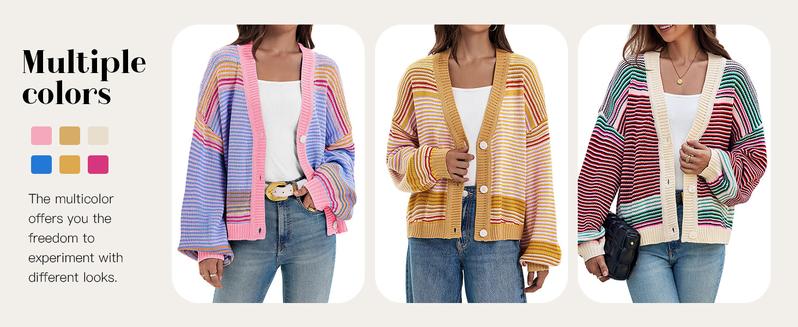 lmily Bela Womens Striped Cardigan Sweaters Oversized Puff Sleeve Button Up V Neck Color Block Knit Sweater Coat