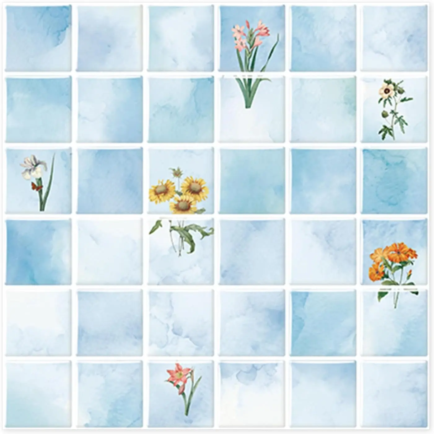 Peel & Stick Tile Stickers  Self-Adhesive Backsplash Stickers for Kitchen Bathroom Decor 10 Pack 11.8''x11.8'' Sky Blue with Flower