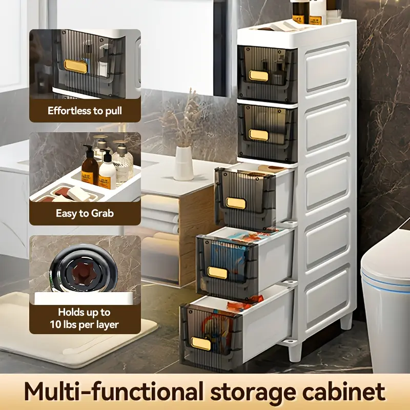 Multi functional slim drawer style storage cabinet suitable for bathroom crevices, kitchen and refrigerator spaces, multi-purpose storage organizer for bathroom lockers, kitchen cabinets, storage organizers and shelves, storage drawer units