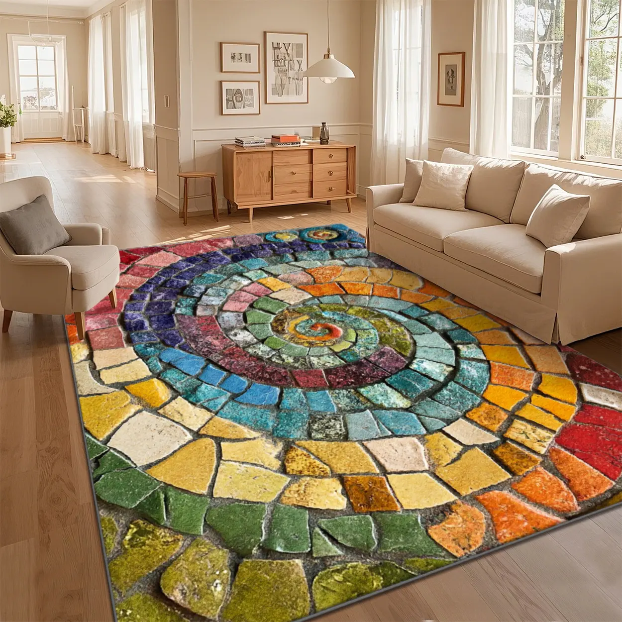 Local Delivery Multi Sizes Velvet Rainbow Mosaic Spiral Circle Tile Abstract Rug Washable Non Slip Boho Farmhouse Runner Nursery Indoor Decor Rug