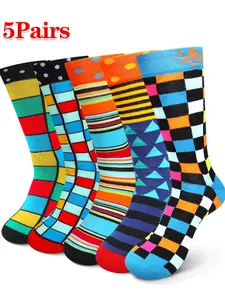 5 Pairs Men's Fashion Geometric Pattern Ankle Socks, Elastic Breathable Unisex Socks, Comfortable Casual Wear for All Seasons