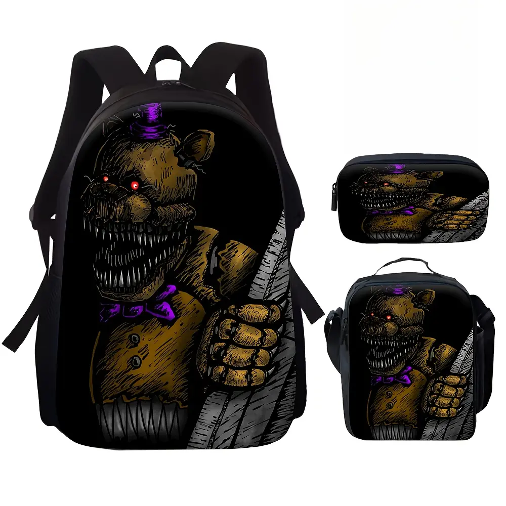 Durable Water Resistant 3-Piece Backpack Set for Kids, Lightweight School Bag with Lunch Box, Pure Black Background Five Nights at Freddy’s Nightmare Fredbear Purple Hat Horror Graphic Print, Spacious 15in Laptop Pocket & Soft Breathable Padded Straps