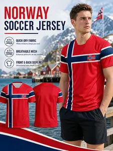 Norway Home Soccer Jersey, Flag Cross Print, Quick-Dry Mesh, Breathable Sweat-Wicking, Customizable Player Numbers, Support Haaland, Eriksen