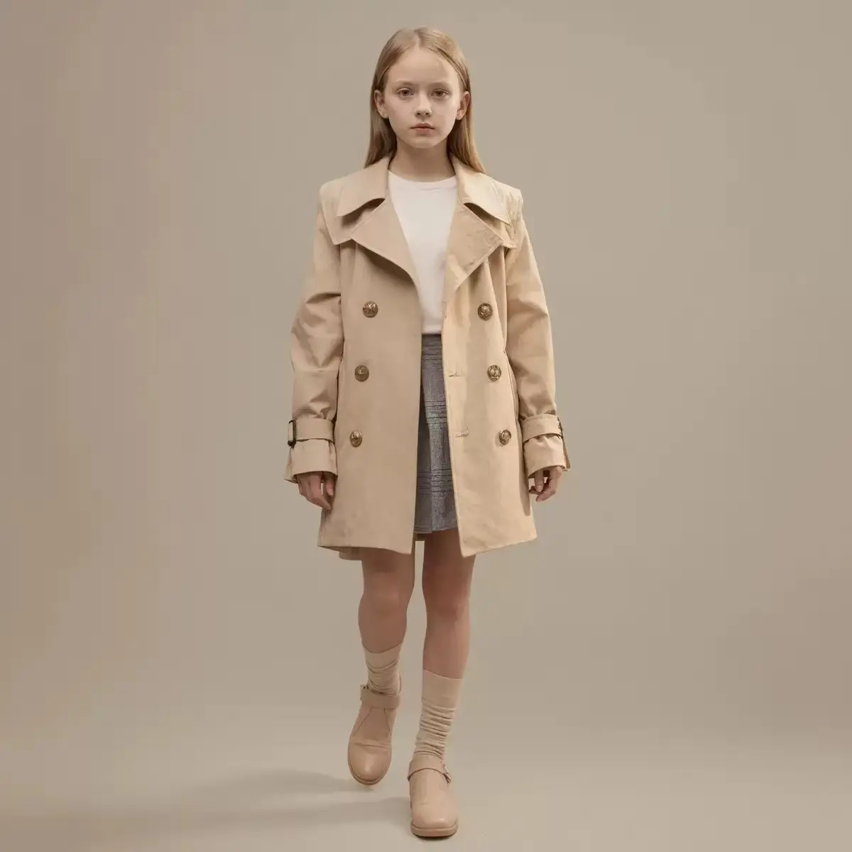 Girls' Double-Breasted Polyester Trench Coat - Casual Long-Sleeve Solid Clothes with Belt, Button & Knit Details for Spring & Fall Casual Wear