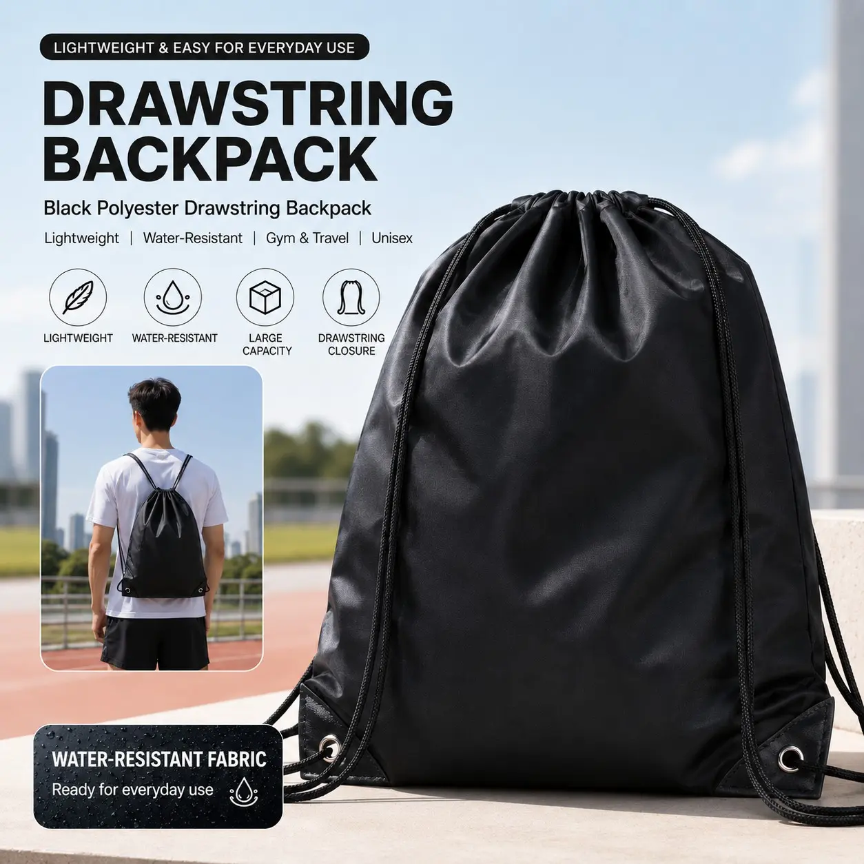 Polyester Drawstring Backpack, Lightweight Waterproof Fitness Travel Bag, Unisex Storage Backpack, Ideal for Men and Women