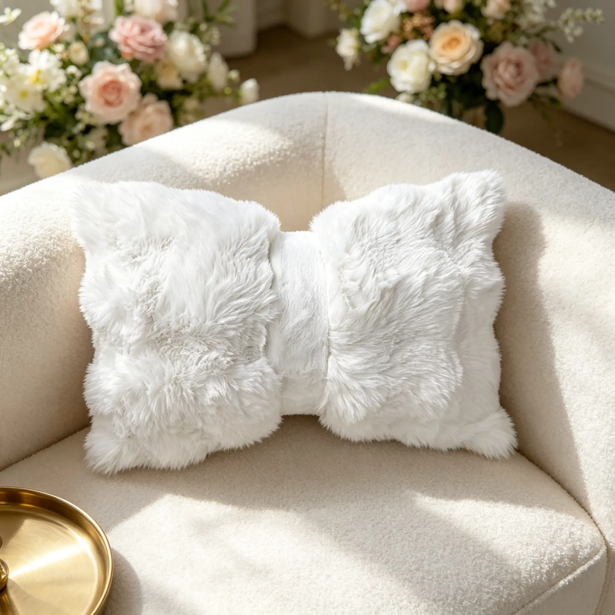 Plush Fuzzy Bow Pillow, Soft Comfortable Lumbar Cushion, Soft Cushions, Home Decorative Cushion, 30cm X 50cm (15.7in), Ideal for Home Decor, Single Piece