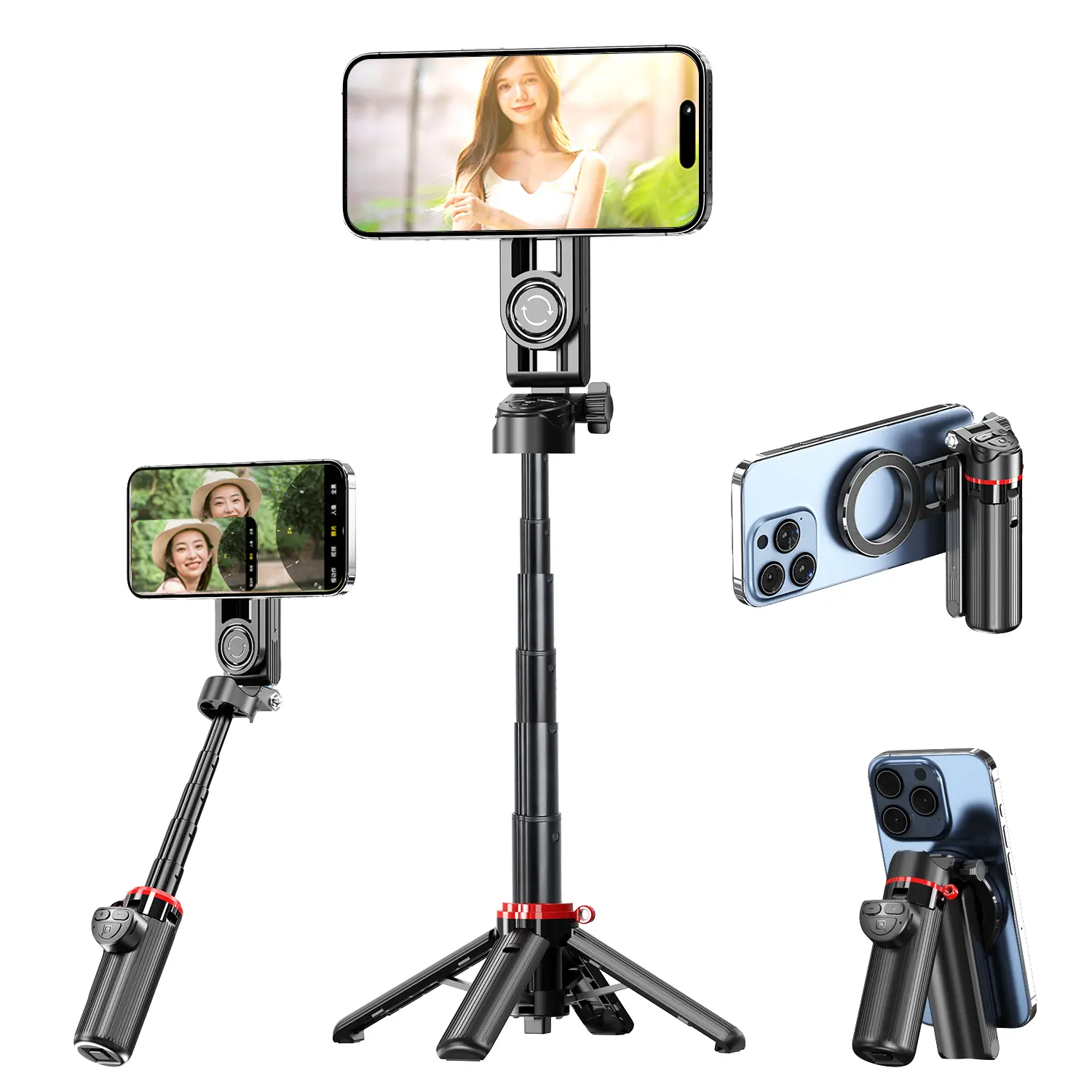 Magnetic Mini Selfie Stick for MagSafe, 4 in 1 Extendable Phone Tripod Stand with Detachable Phone Clip and Wireless Remote Control, Portable Pocket Size Tripod for iPhone/Android