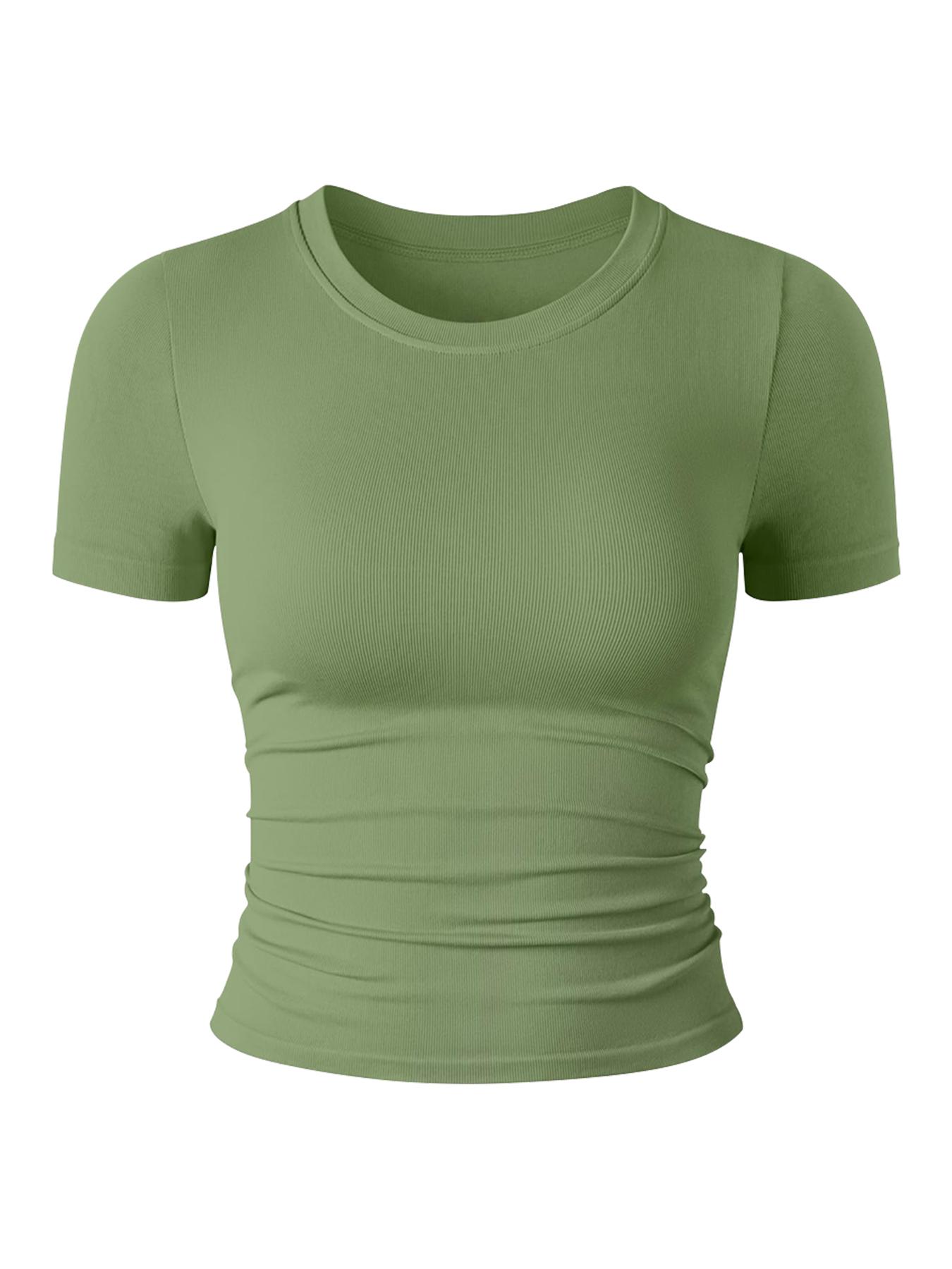 Women's Solid Color Round Neck Sports Tee, Athletic Top, Breathable Comfortable Short Sleeve T-shirt for Yoga Gym Workout, Ladies Sportswear for Summer