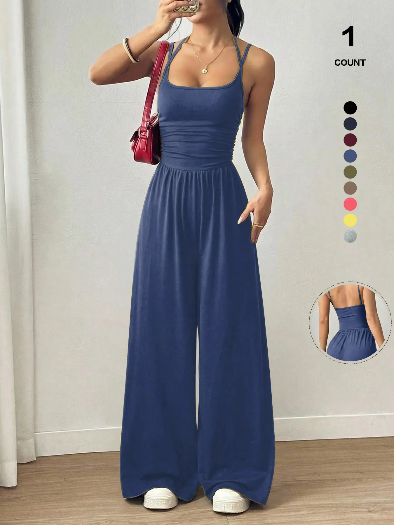 2026 Sexy Backless Halter Neck Strap Ruched Waist Jumpsuit, Sleeveless High Waist Romper, Breathable Wide Leg Playsuit, Casual Party Wear