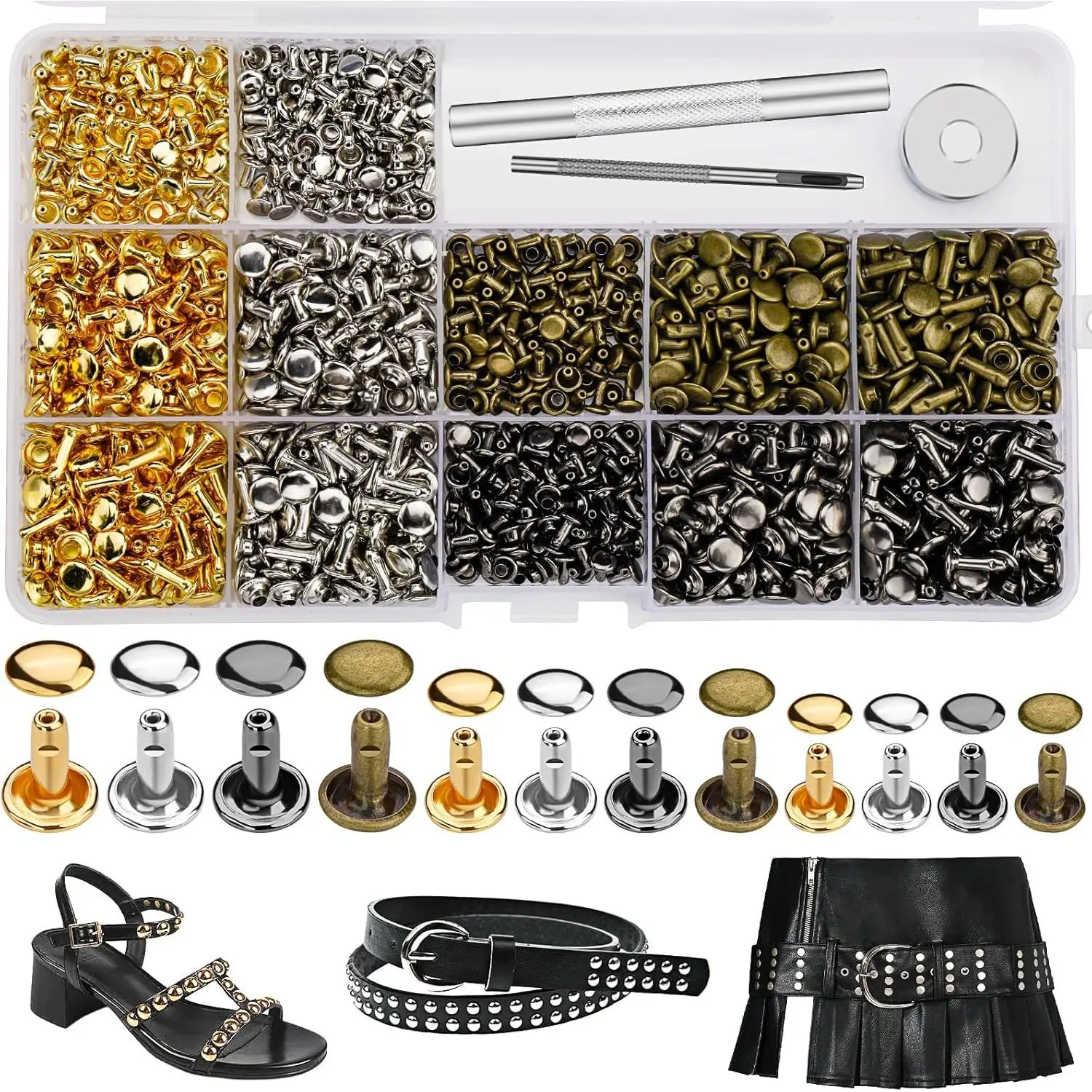 540 PCS Leather Rivets, 3 Different Sizes Double Cap Rivets Kit with Leather Rivet Setting Tools, Leathercraft Rivet Kit for DIY and Crafting, Decoration