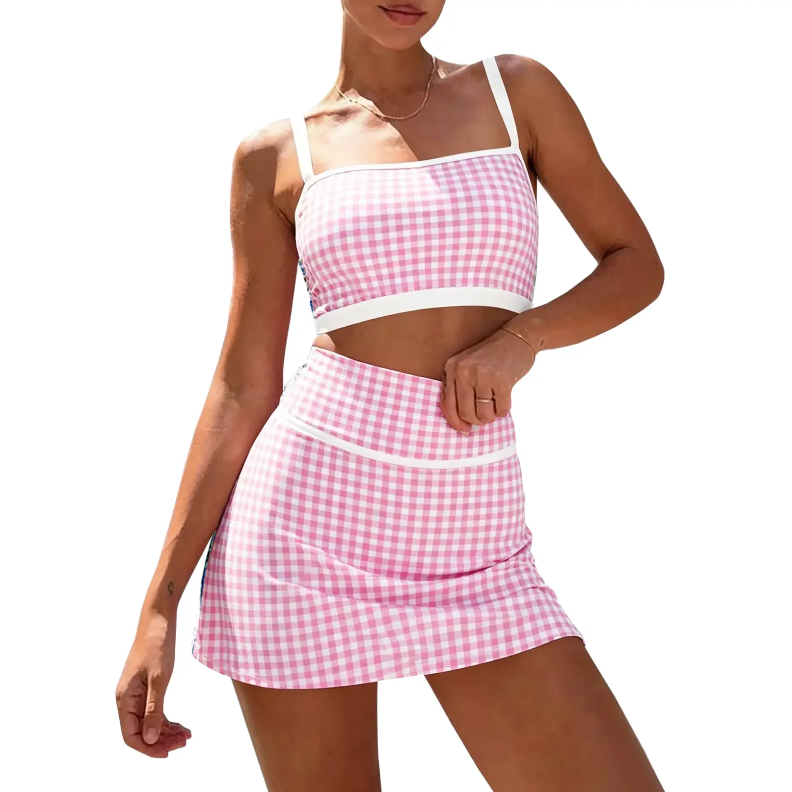 Aoysky Women's Lightweight Floral 2 Piece Matching Set with Square Neck Crop Top & High Waist Mini Skort for Summer Streetwear, Outdoor, Feminine, Sheer