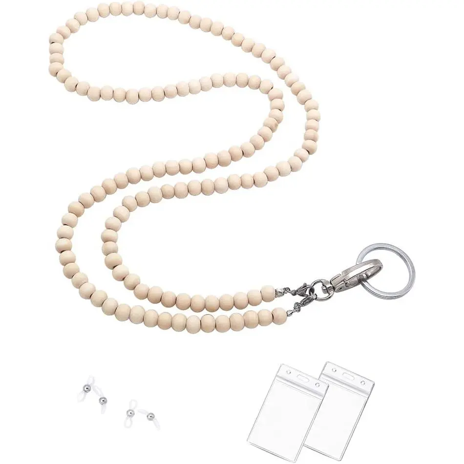 Accessories Lanyards for ID Badges, Beaded Wooden Natural Stone Lanyard for Keys Neck Lanyards for Women