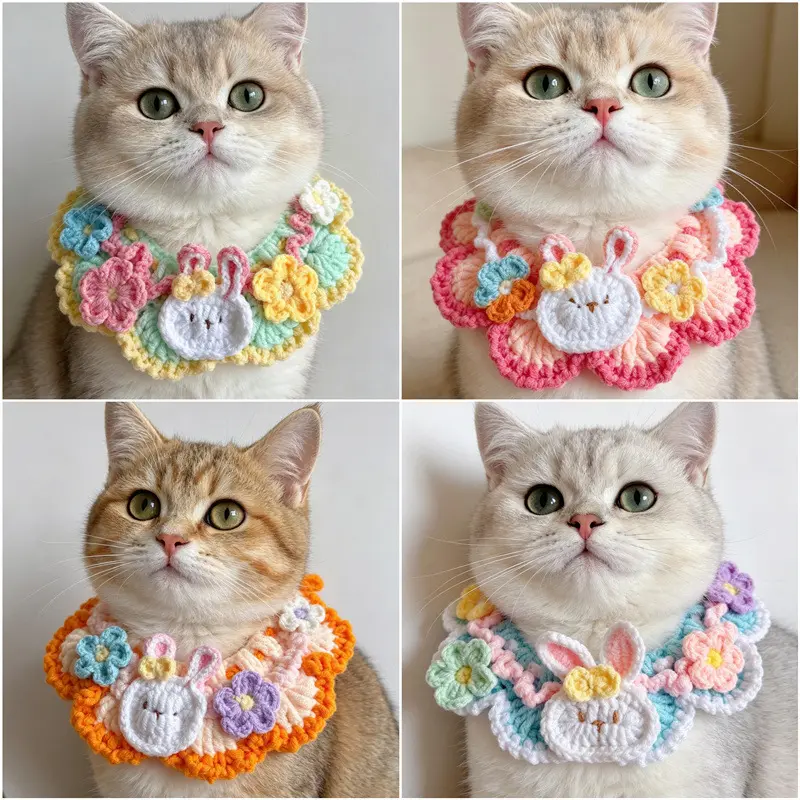 Handmade Crochet Bunny Floral Pet Collar, Adjustable Knitted Pet Bandana Bib, Cute Easter Rabbit Flower Decorative Neck Scarf for Kittens Cats Small Puppy Dogs, Pet Birthday Photo Shoot Party Costume Accessory
