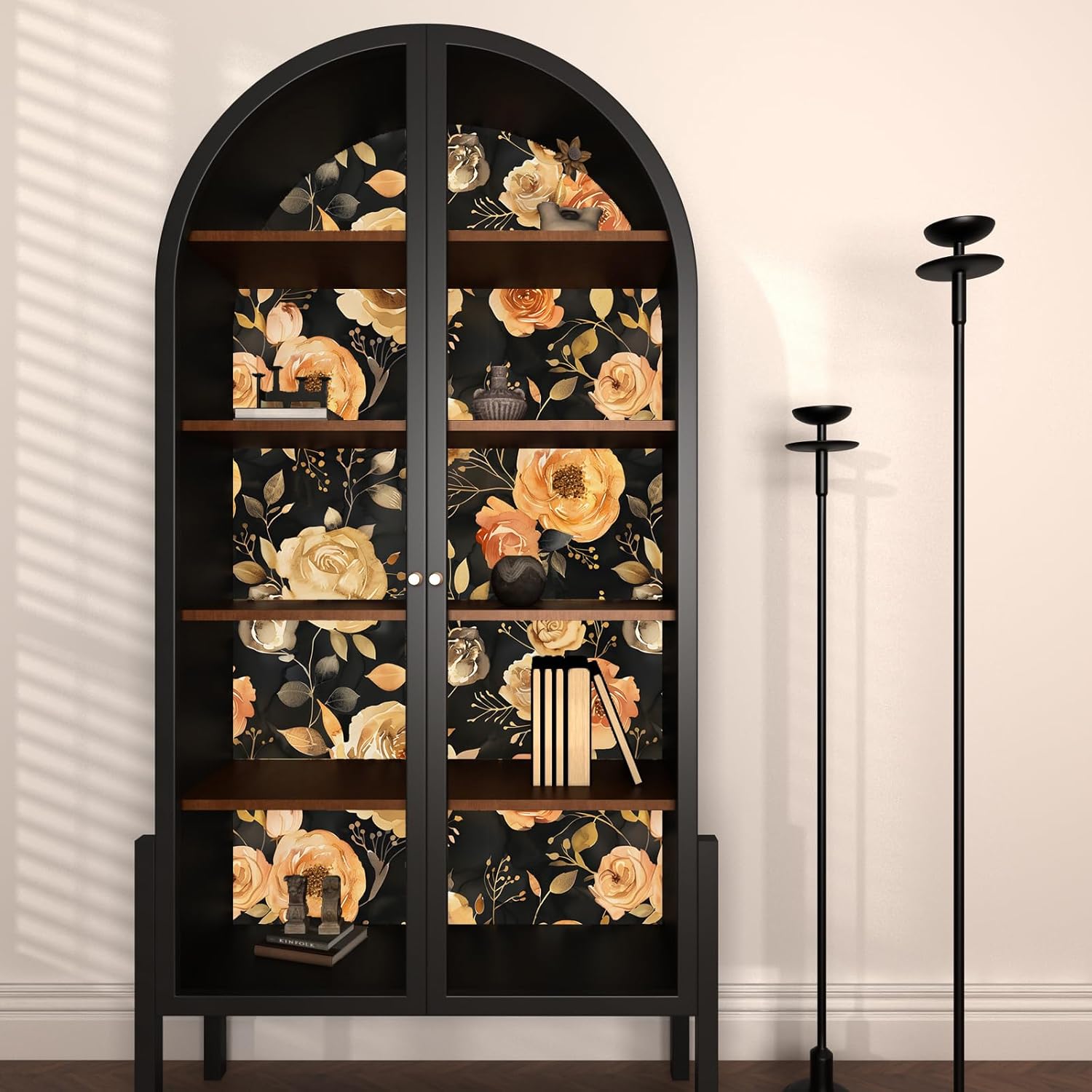 Flower Wallpaper Yellow/Orange Floral Peel and Stick Wallpaper Cream Contact Paper Waterproof Self Adhesive Covering for Bedroom Cabinet Bathroom Home Decor 17.4" x 118"