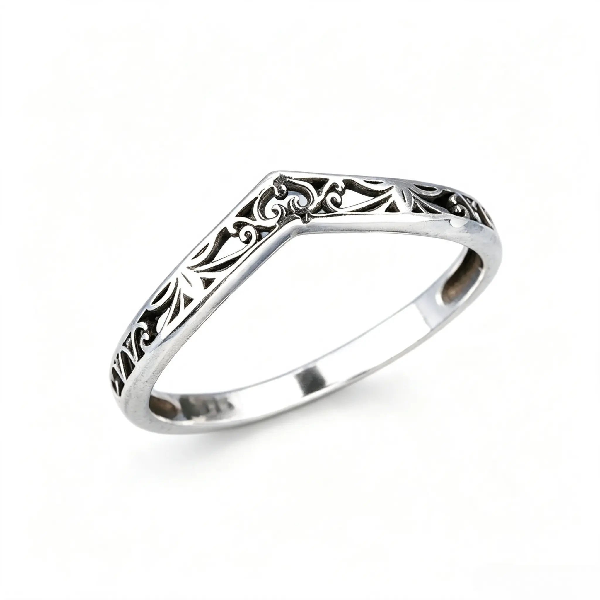 V-Shaped Hollow Carved Sterling Silver Ring, Vintage Oxidized Stackable Band, Elegant Minimalist Finger Jewelry For Daily Dating And Party Occasions