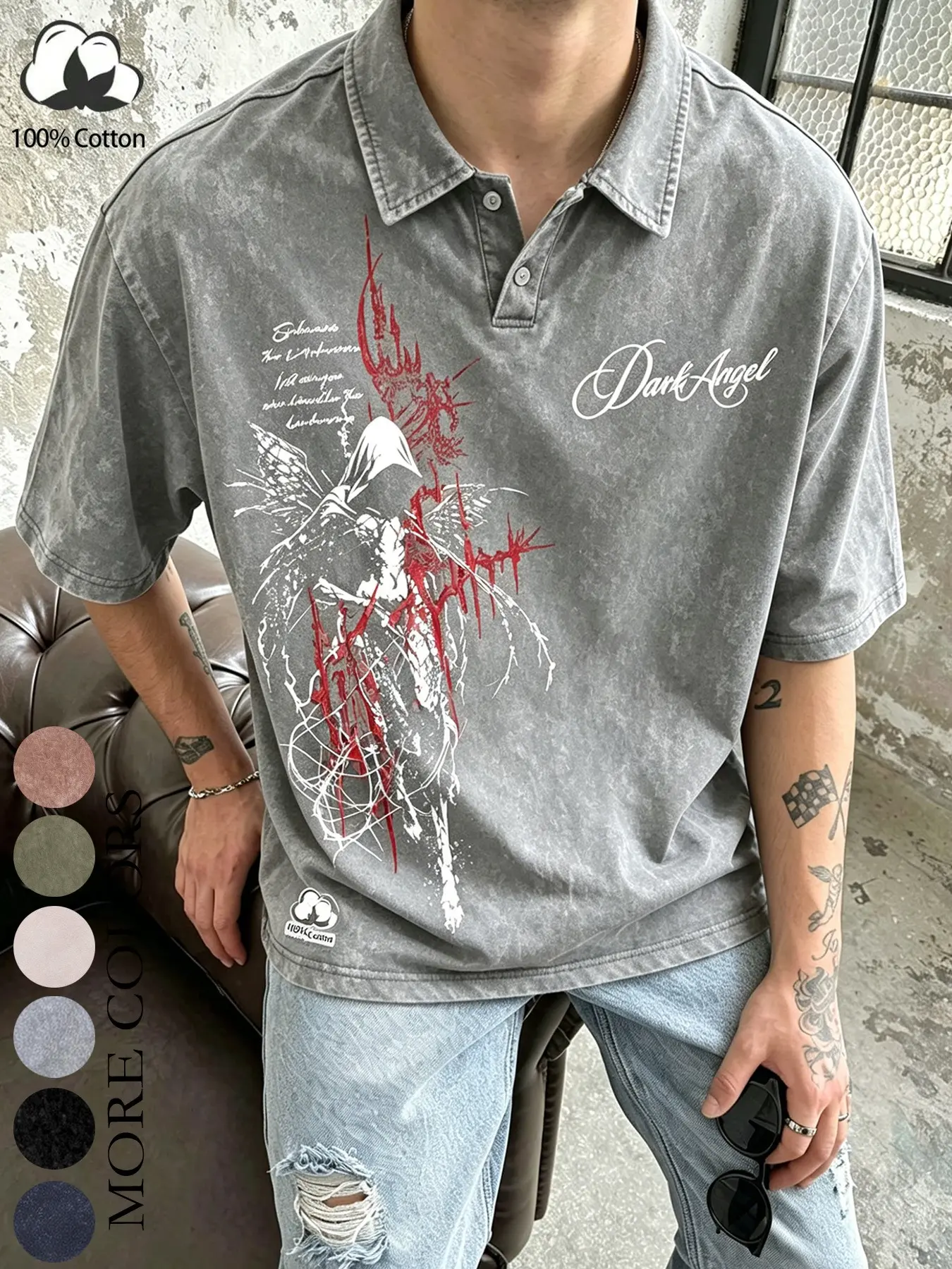 Unisex dark gothic style, “Dark Angel” dark angel print 100% cotton wash-and-wear distressed polo shirt short-sleeve T-shirt, American retro Y2K dark gothic high-street streetwear brand oversized top.