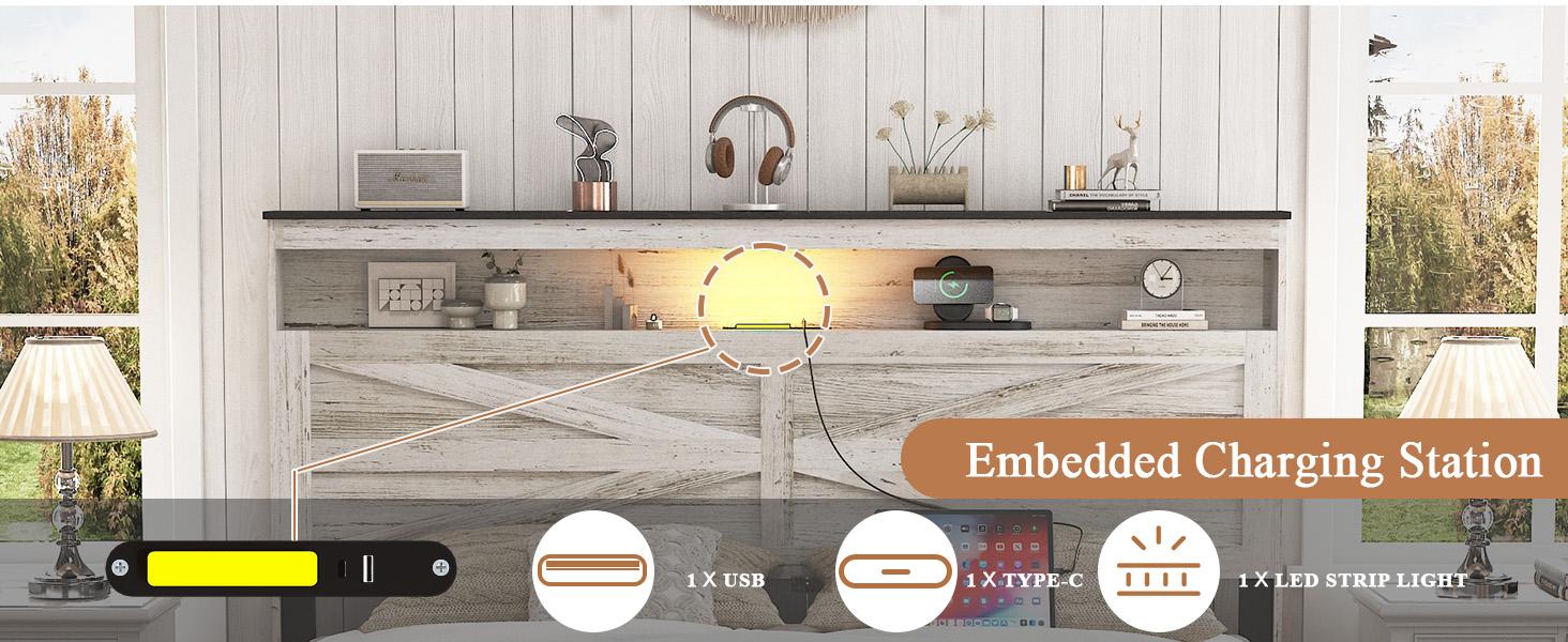 ARCH Queen Bed Frame Farmhouse, Queen Size Bed Frame with Storage Headboard & LED Lights, Charging Station Boho Platform Bed, Queen Bed Frame Metal Slats No Box Spring Needed Bedroom Set