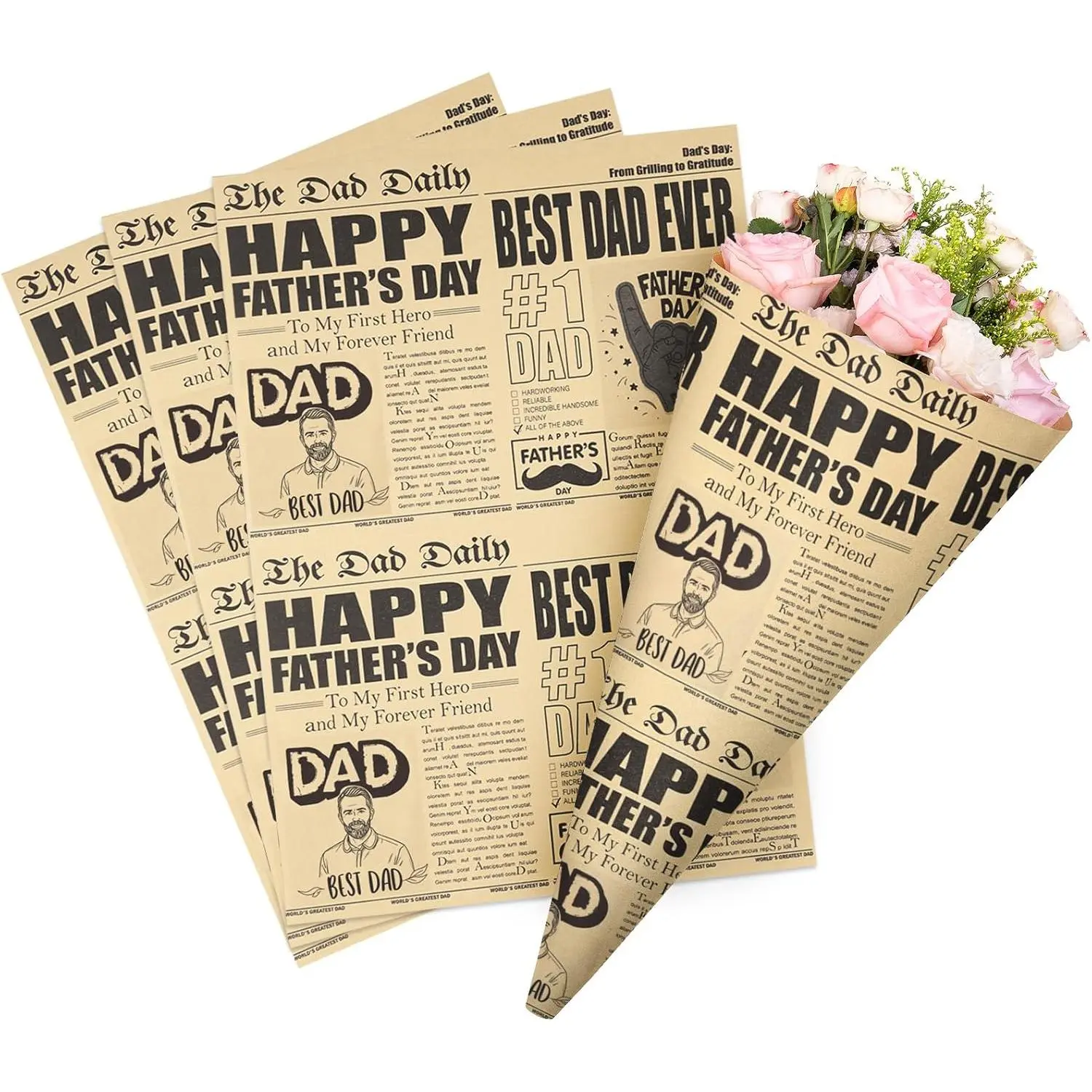 RUSPEPA Durable Kraft Paper - 10 Sheets Vintage Brown Newspaper Flower Wrapping Paper for Florists, Father's Day (Dad Gifts), Wedding Flower DIY Floral Packaging (Office Stationery & Gift Wrapping Supplies)